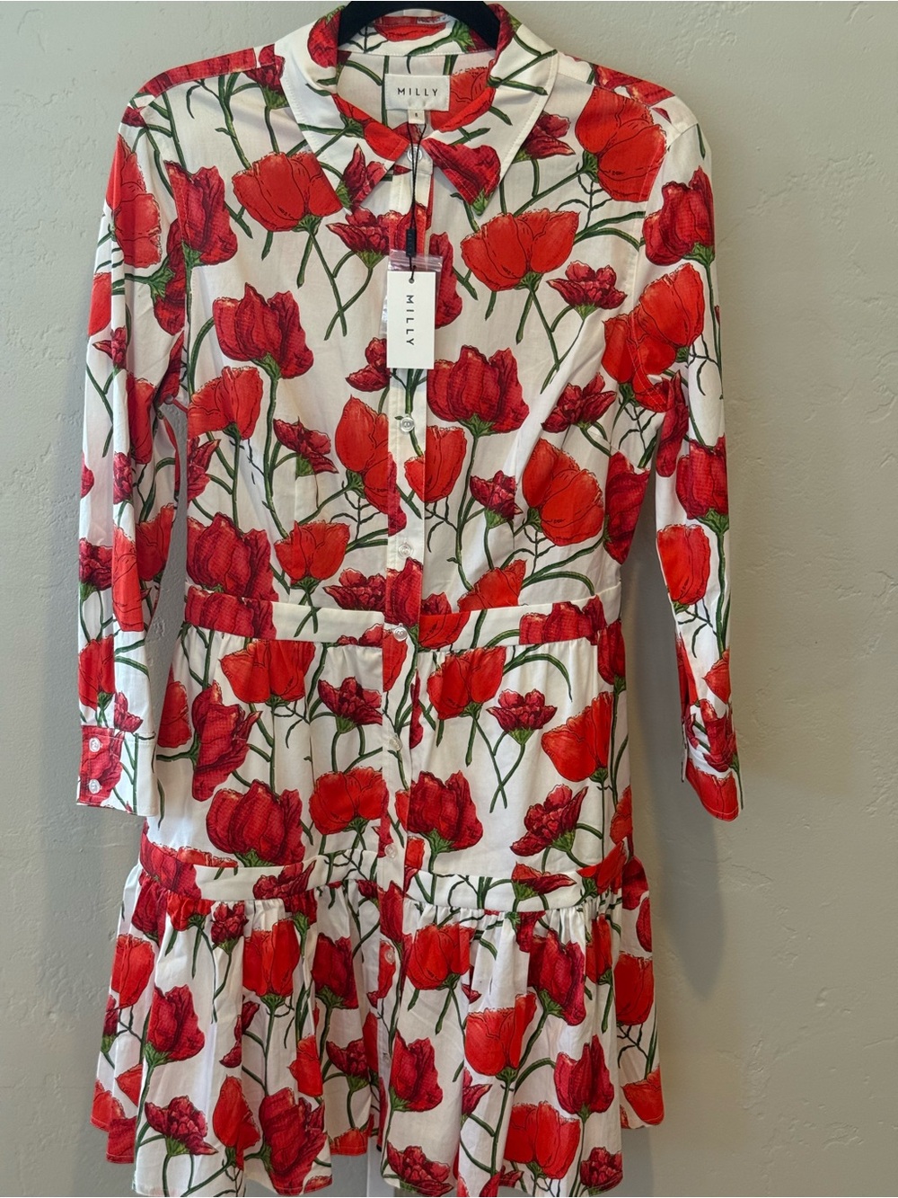Milly Red Poppy Print Shirt Dress